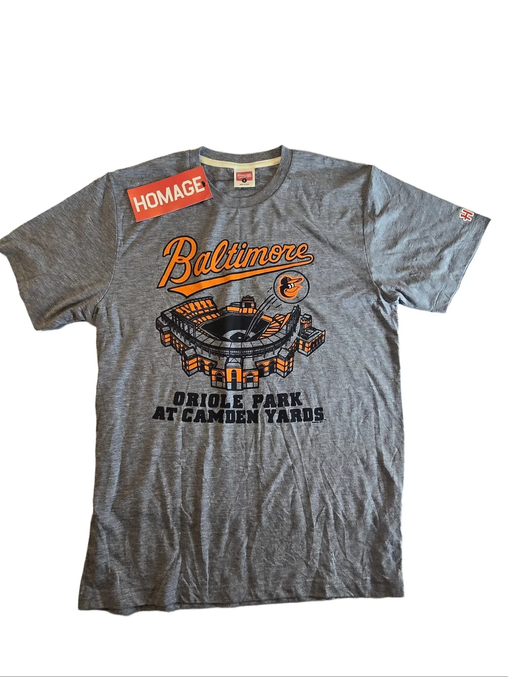 HOMAGE Gray Tee with Orange Baltimore Stadium Graphic Size Small